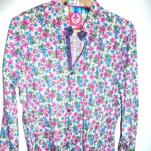 Au Noir Mens Multicolor Button 100% COTTON Shirt Sz 6 Floral Print Long Sleeve